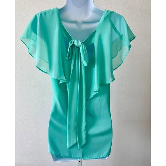Flutter Sleeve Top Large Mint Green V-Neck Back Tie Coquette Preppy Soft Girl - Picture 1 of 13